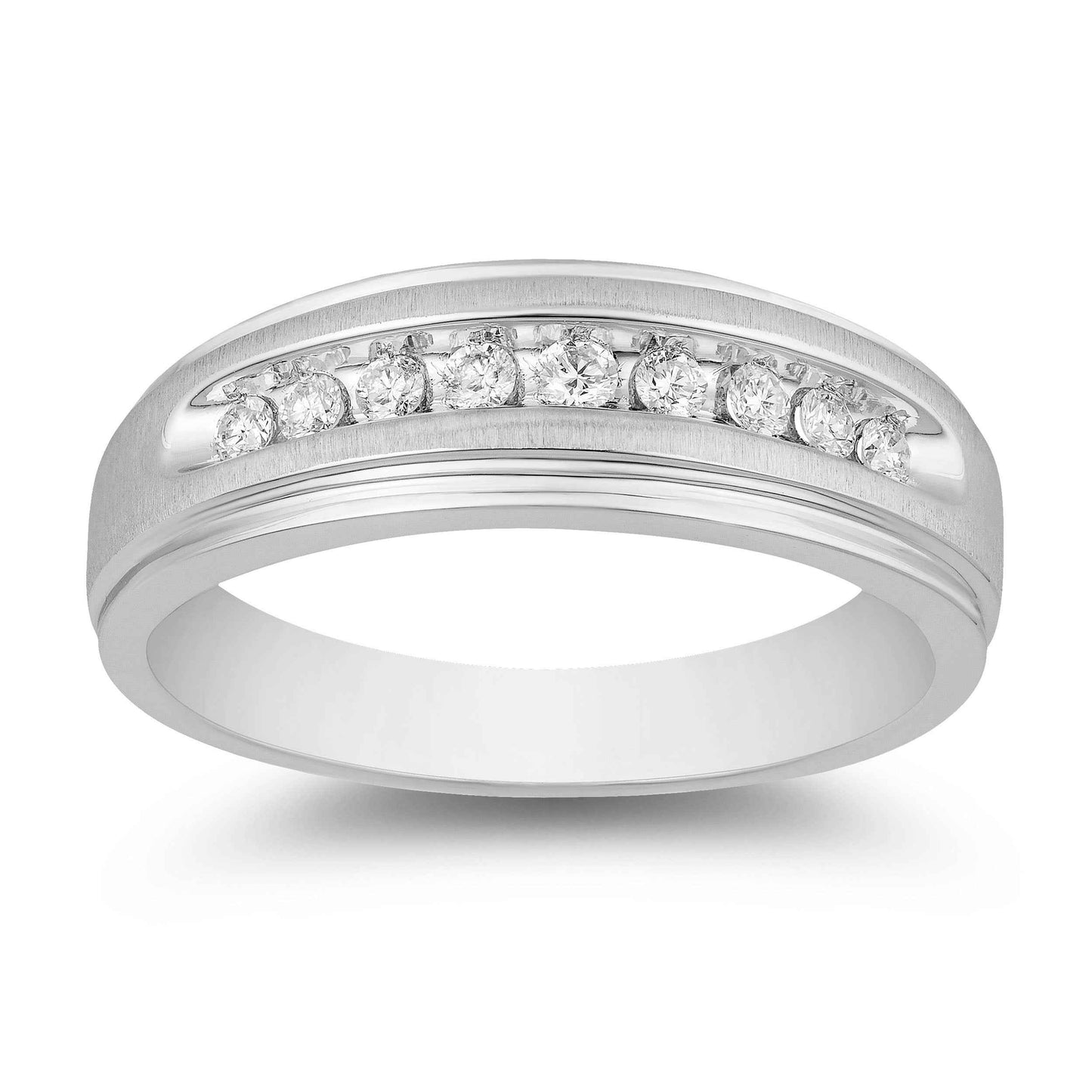 Men's 1/4 ct. tw. Round Brilliant Diamond Wedding Band with Brushed Center & Polished Step-Edge Sides in 10K White Gold