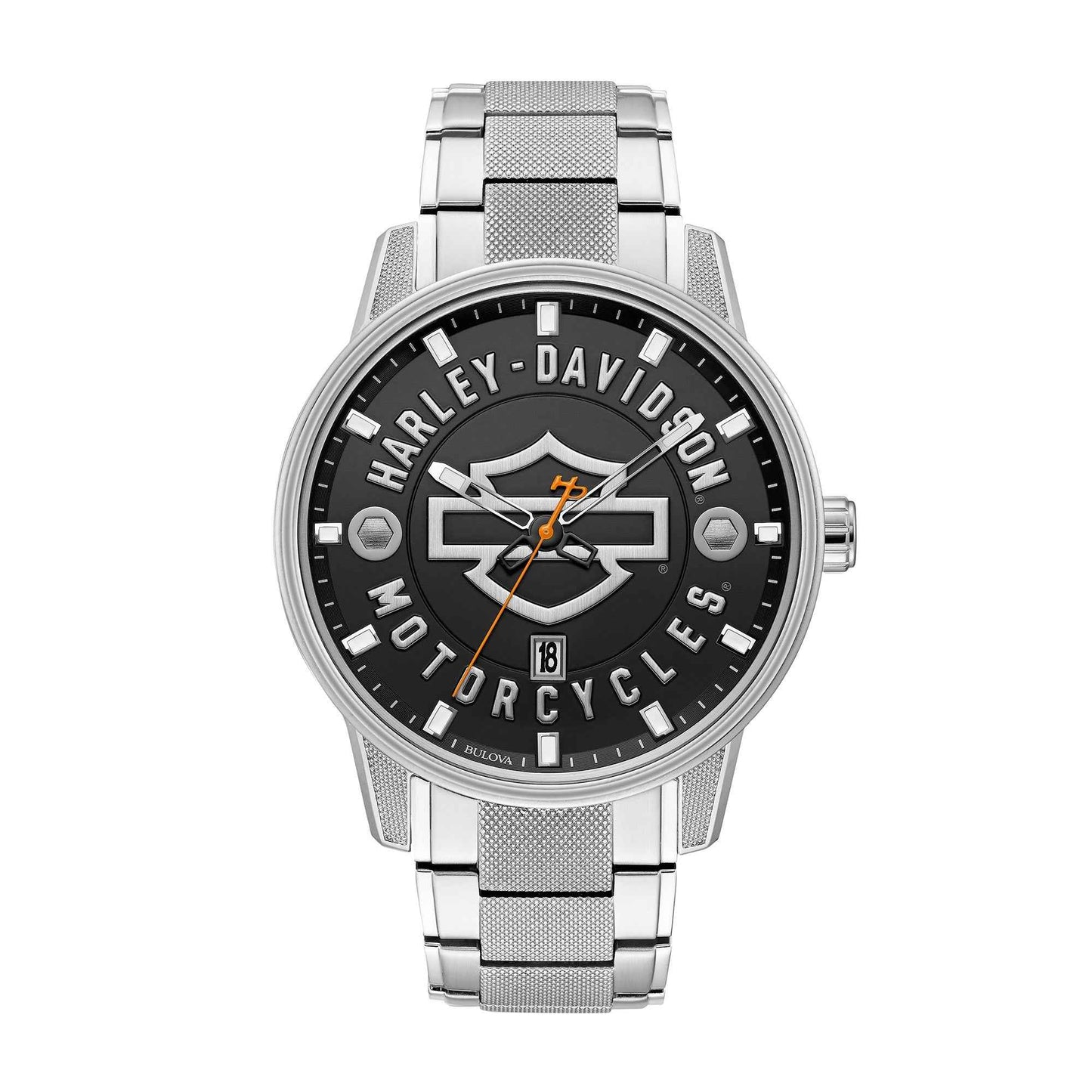 Harley Davidson Men's Open Bar & Shield Watch with Stainless Steel Band and Black Dial