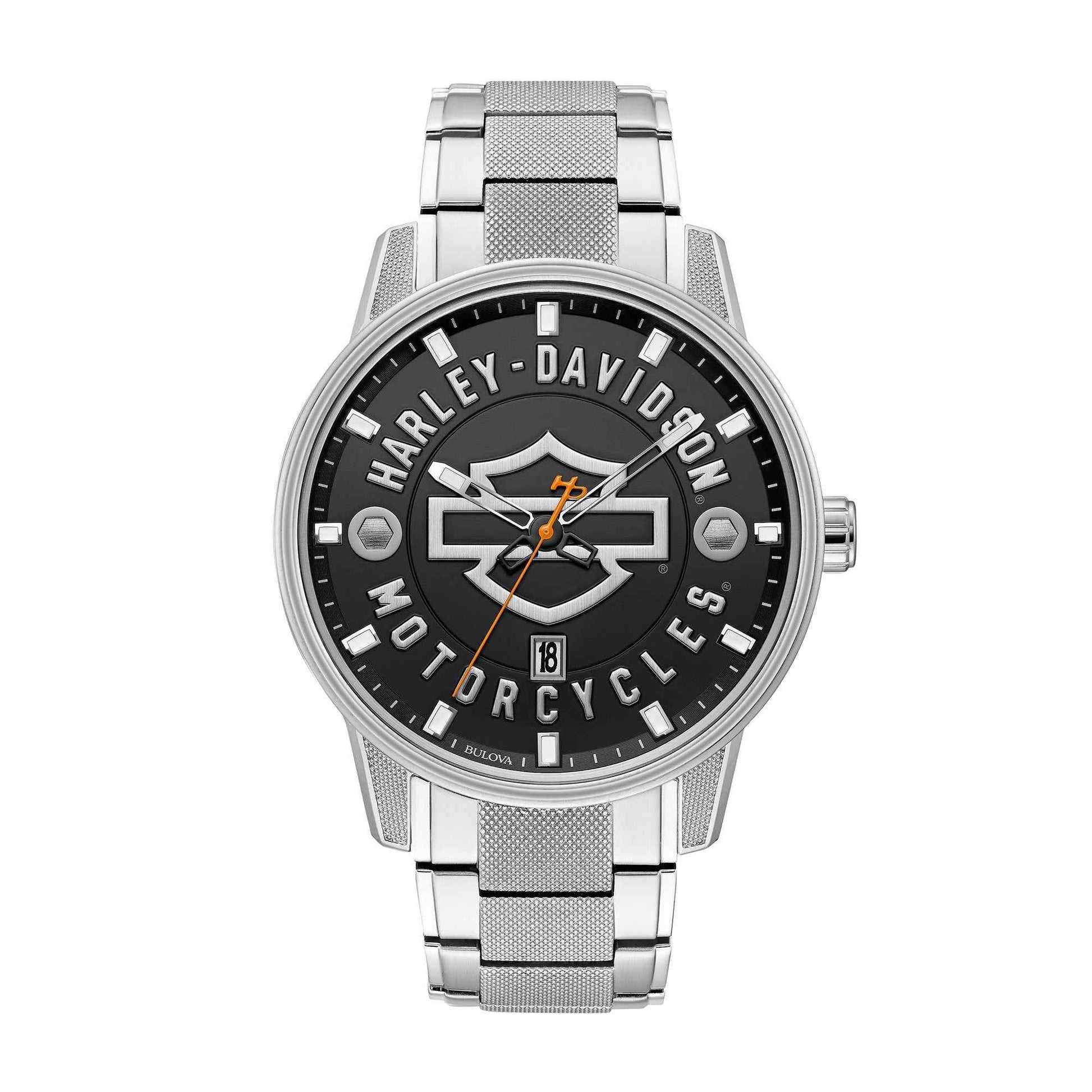 Harley Davidson Men's Open Bar & Shield Watch with Stainless Steel Band and Black Dial