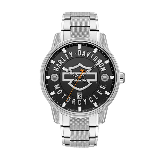 Harley Davidson Men's Open Bar & Shield Watch with Stainless Steel Band and Black Dial