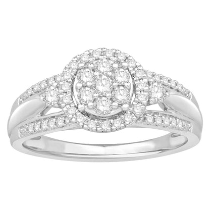 1/2 ct. tw Cluster Design Diamond Engagement Ring with Halo and Side Single Diamonds and Split Band in 10K White Gold