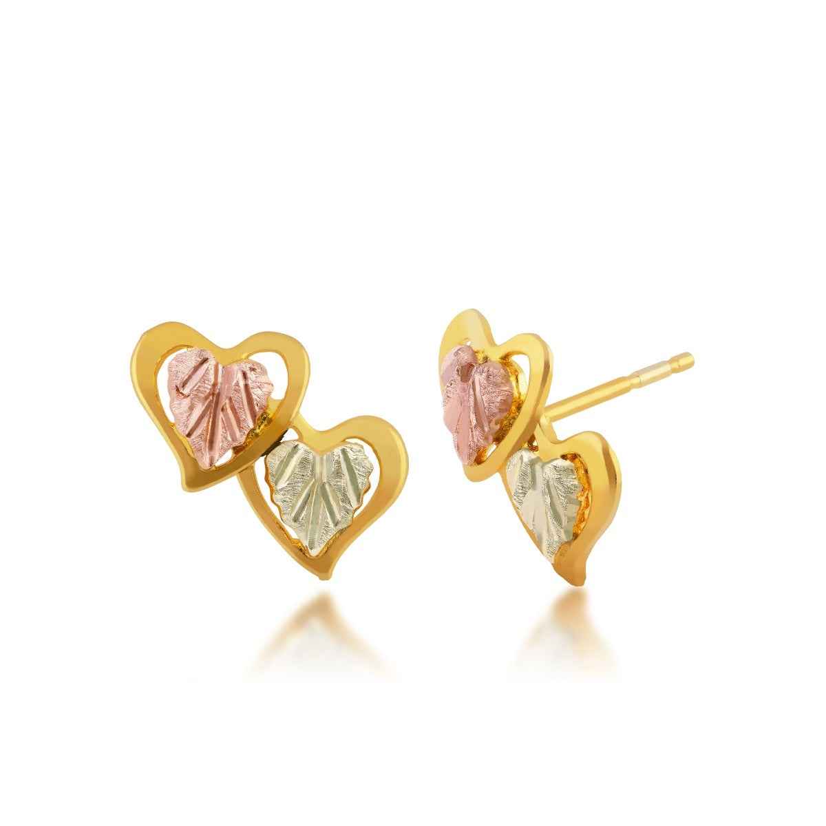 Black Hills Gold Pink & Green Leaf Double Heart Earrings - G 30550