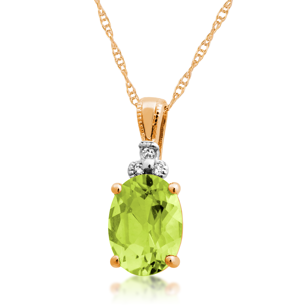 Genuine Oval Shaped Peridot & Diamond Fashion Pendant in 10K Yellow Gold