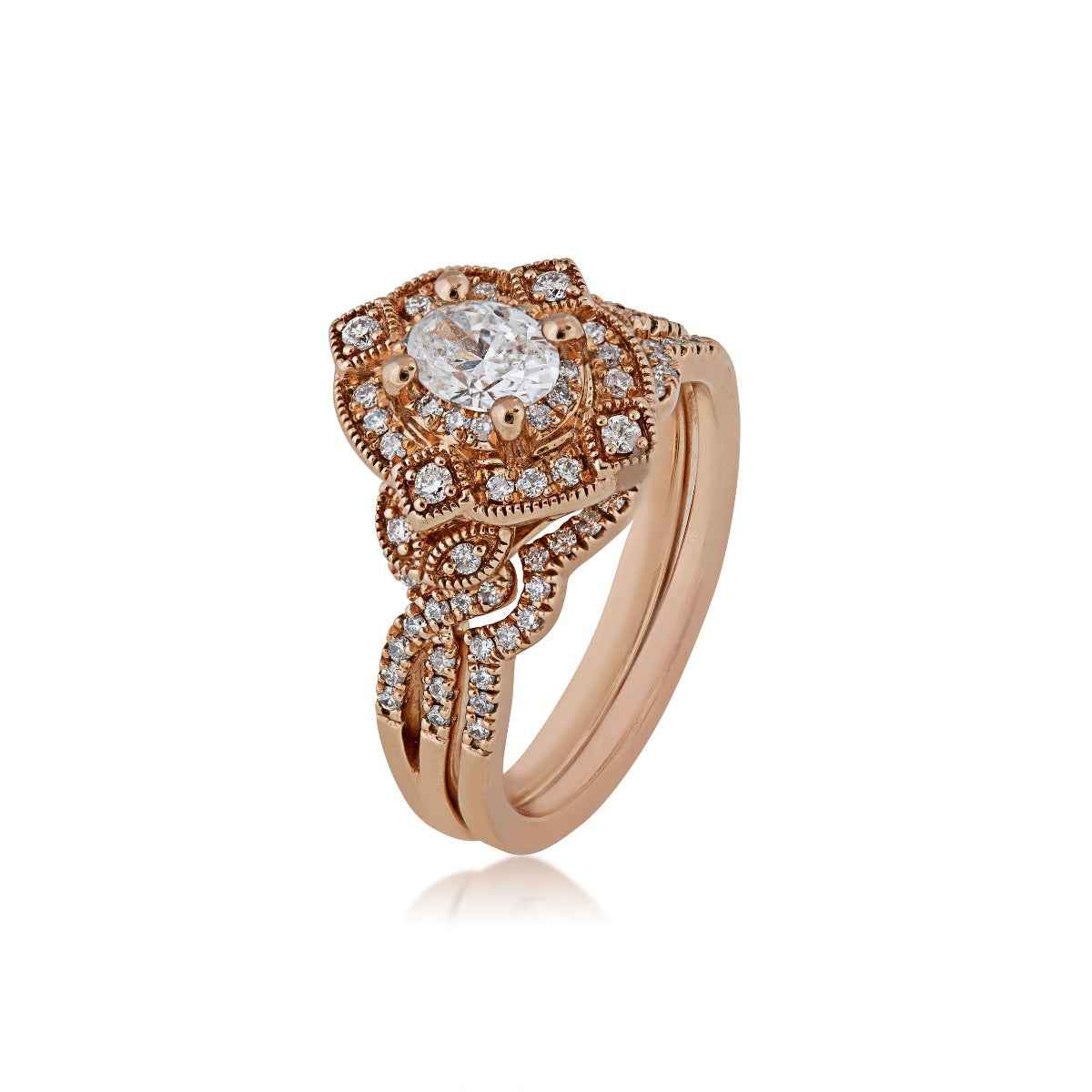 Elegance Collection 7/8 ct. tw. Oval Vintage-Inspired Wedding Set with Milgrain Detailing in 14K Pink Gold front view