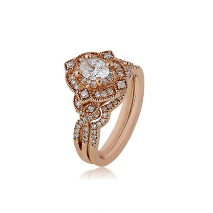 Elegance Collection 7/8 ct. tw. Oval Vintage-Inspired Wedding Set with Milgrain Detailing in 14K Pink Gold front view