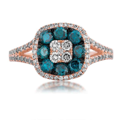 1-1/4ct. tw Treated Blue and White Diamond Cluster Halo Ring in 10K Pink Gold close-up detail