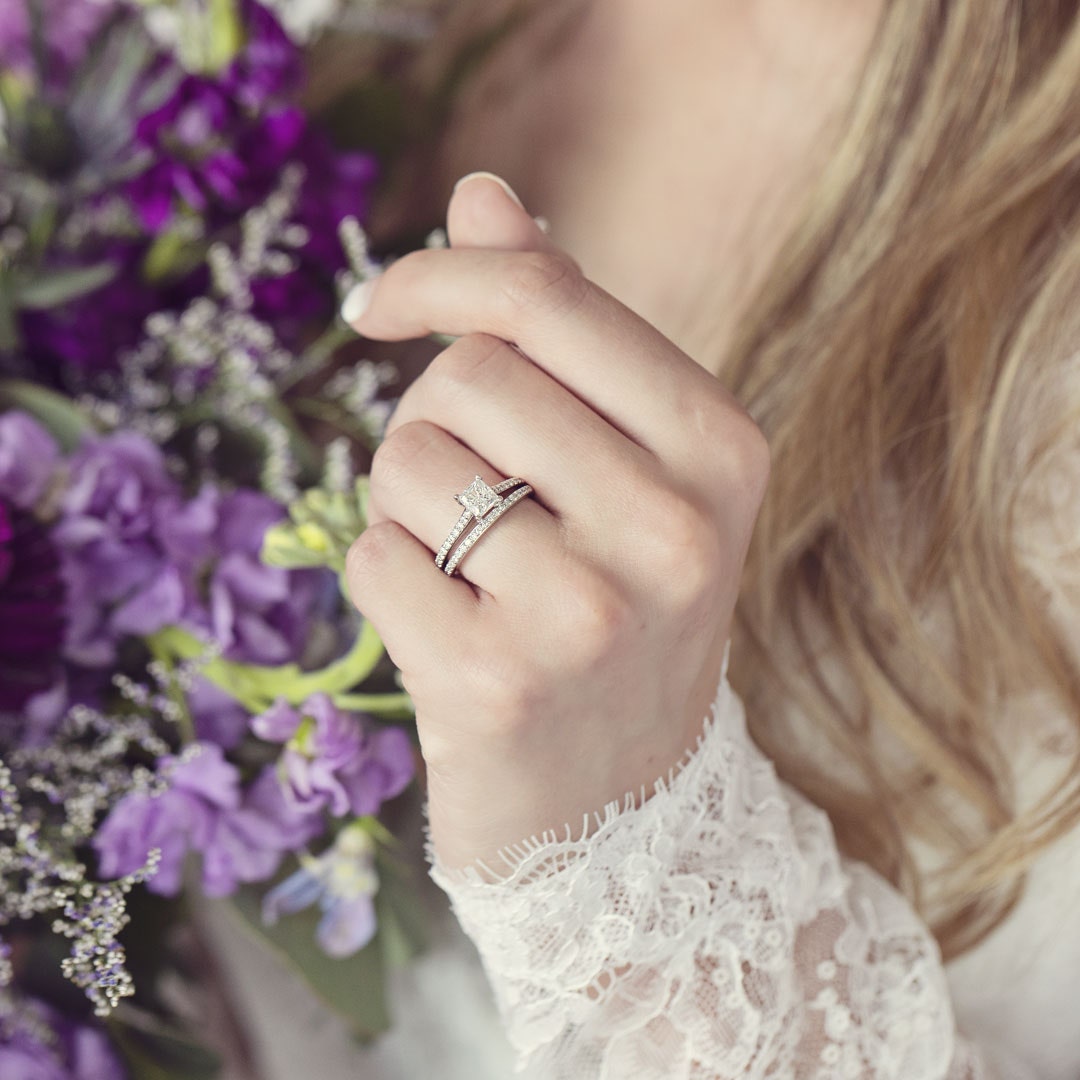 Noventa 1-1/2 ct. tw. Classic Princess Cut Noventa Diamond Wedding Set in 14K White Gold full view