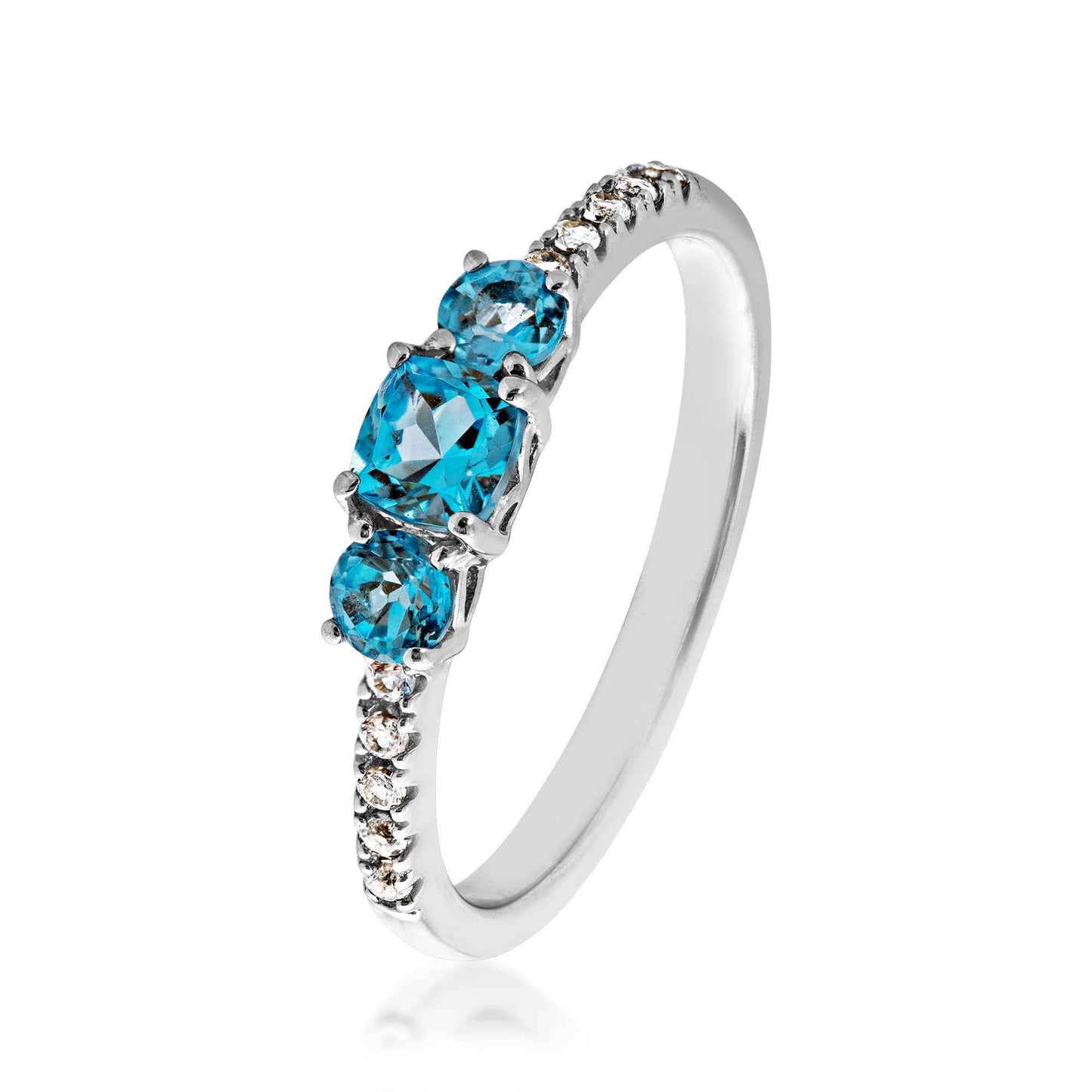 3-Stone Cushion Swiss Blue Topaz & Created White Sapphire Stackable Ring in Sterling Silver front view