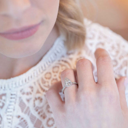 Natural 1-1/4 ct. tw. Pear Diamond Halo Engagement Ring in 14K White Gold side profile