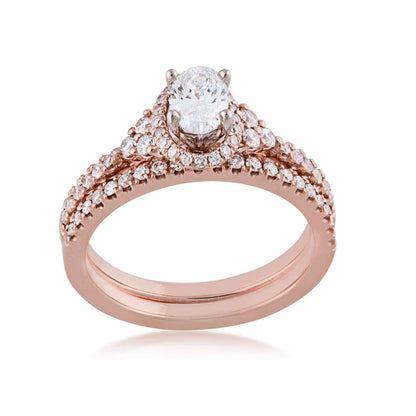 Noventa 1 ct. tw. Oval Diamond Hidden Halo Wedding Set with Cluster Diamond Accented Band in 14K Pink Gold