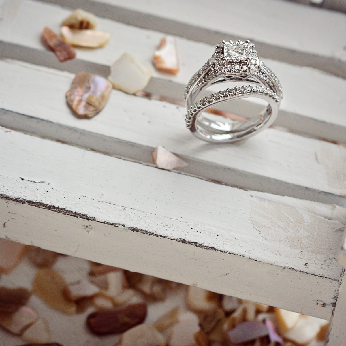 Natural 1-1/4 ct. tw. Princess Cut Diamond Halo Wedding Set in 14K White Gold full view
