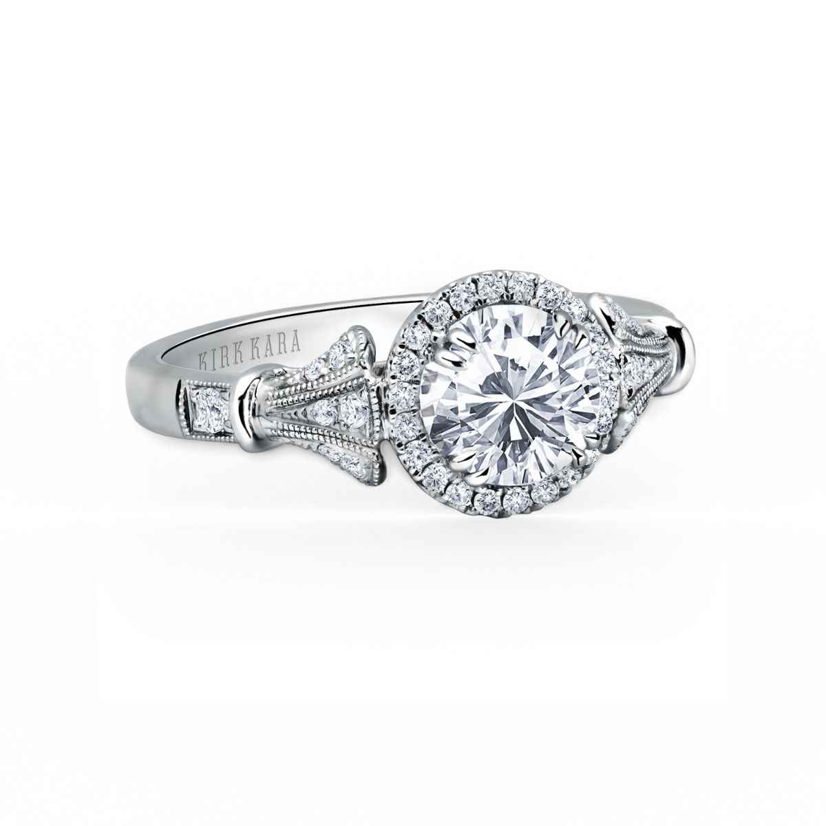 Kirk Kara 1/4 ct. tw. Round Halo Diamond Vintage Inspired Semi-Mount Engagement Ring with Milgrain Detailing in 18K White