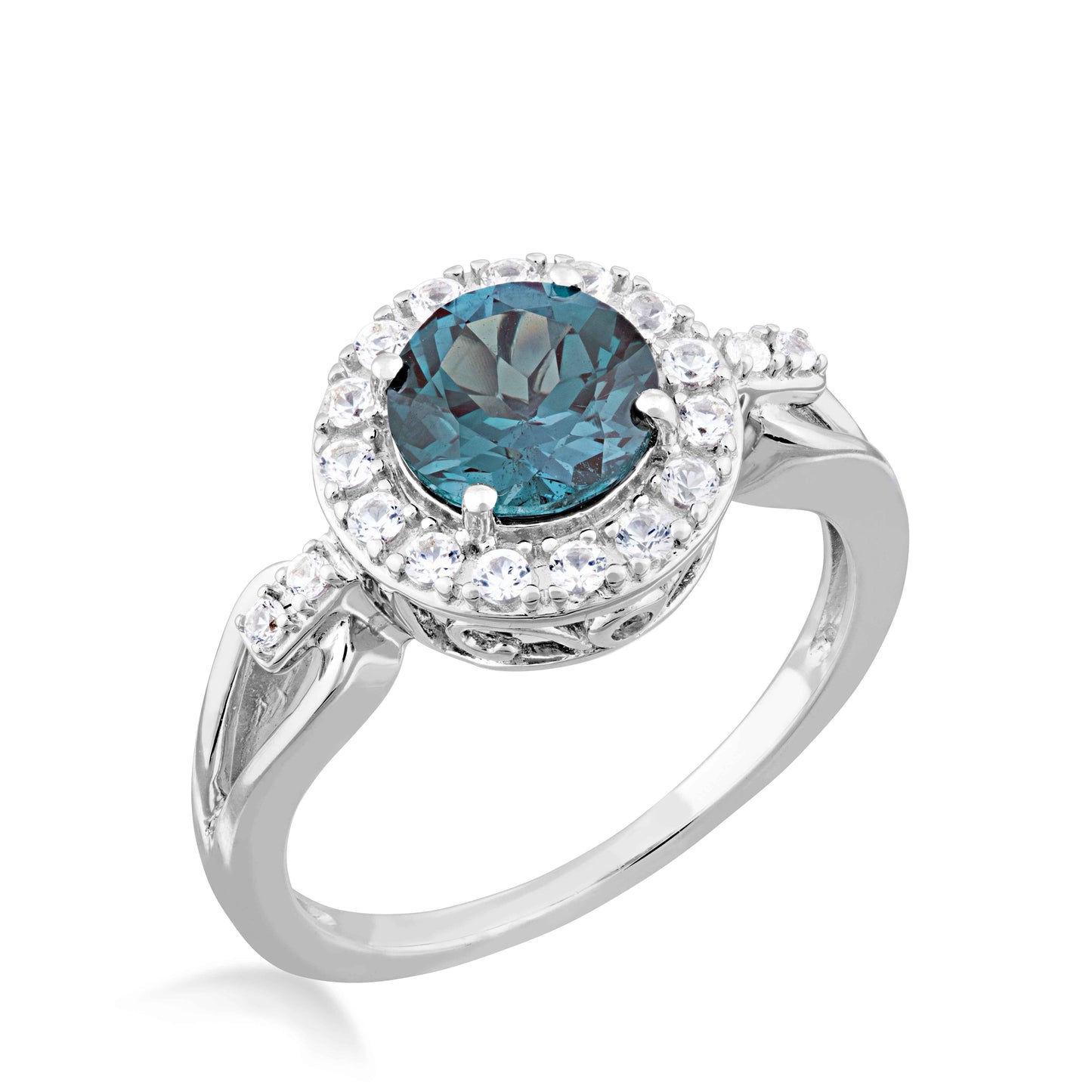 Created Round Alexandrite & White Sapphire Halo Ring in Sterling Silver front view