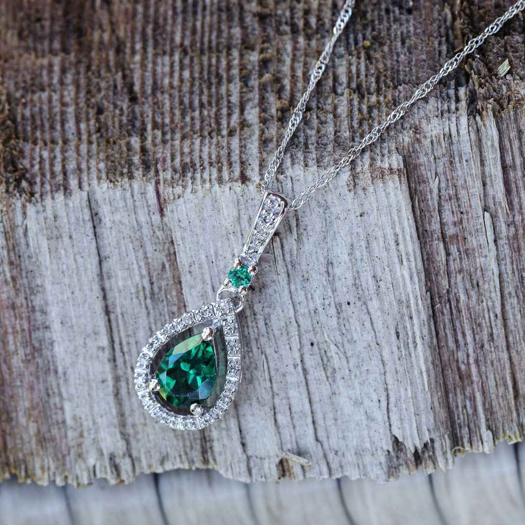 Created Pear Shaped Emerald & Diamond Fashion Pendant in 10K White Gold front view