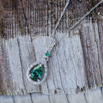 Created Pear Shaped Emerald & Diamond Fashion Pendant in 10K White Gold front view