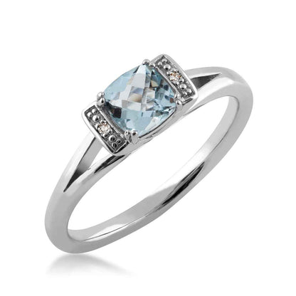Cushion Aquamarine and Diamond Accent Split Shank Ring in Sterling Silver front view