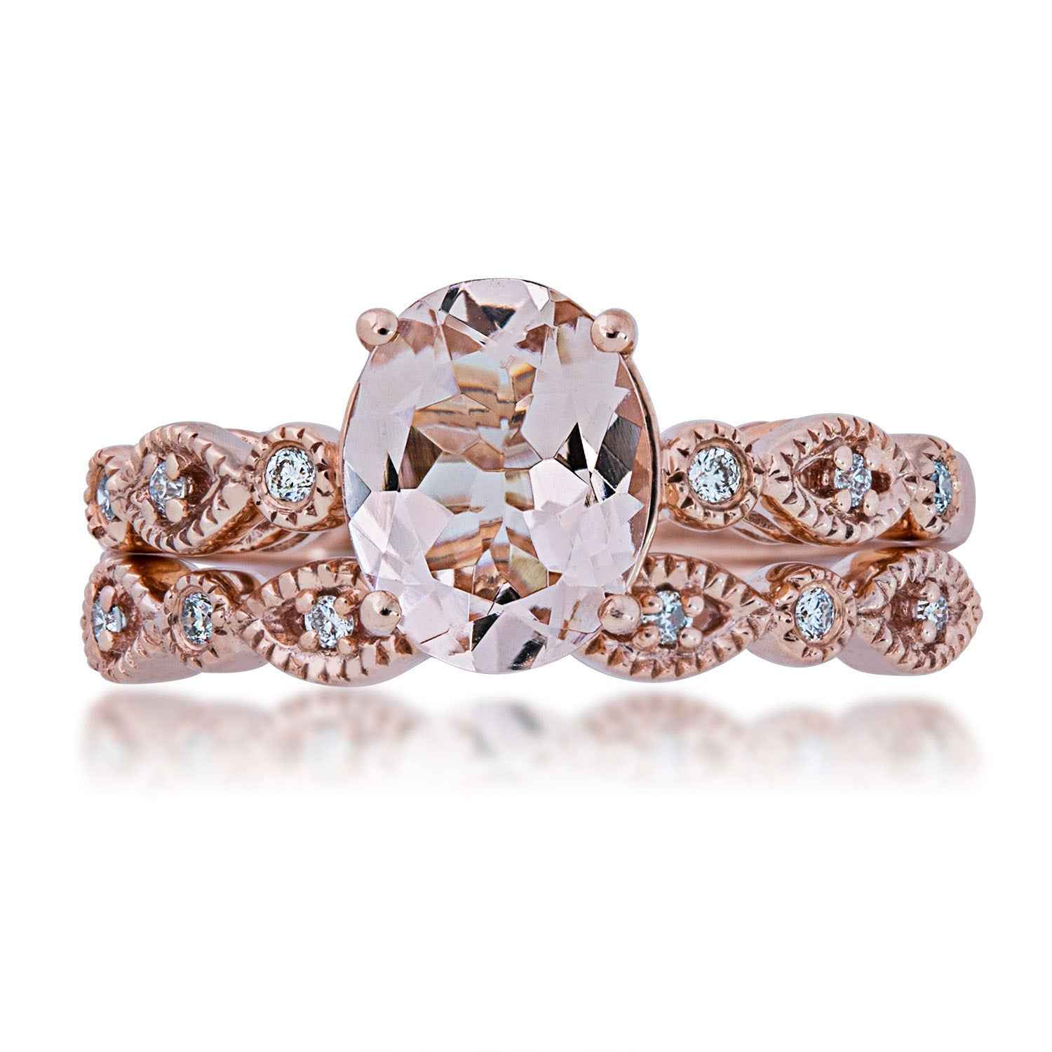 Love in Color Genuine Oval Morganite Wedding Set with 1/10 ct. tw. Diamond Milgrain Accented Band in 14K Pink Gold