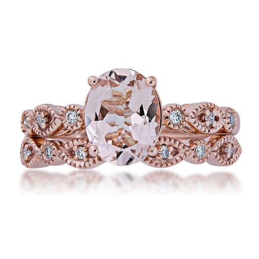 Love in Color Genuine Oval Morganite Wedding Set with 1/10 ct. tw. Diamond Milgrain Accented Band in 14K Pink Gold