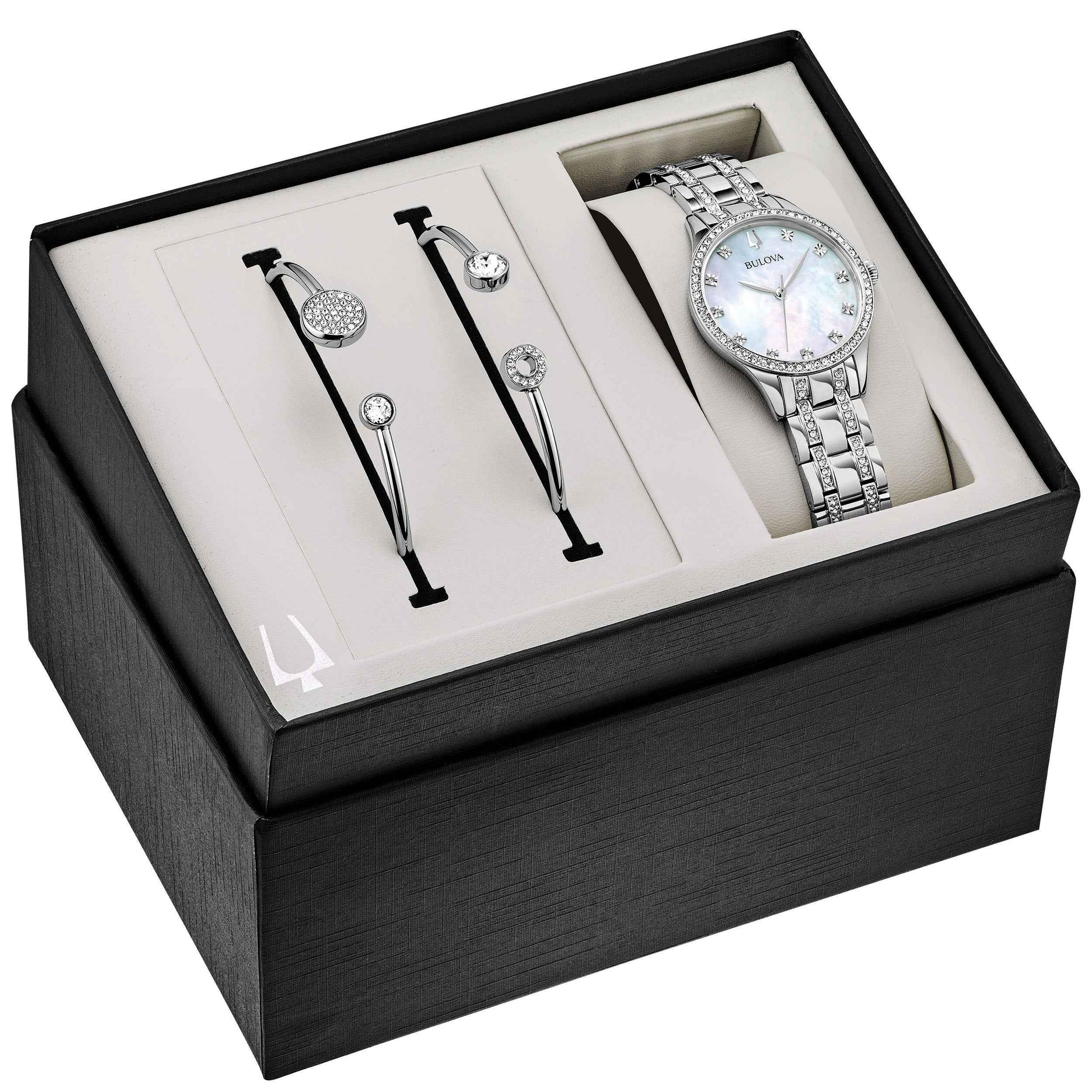 Bulova Ladies' Crystal Stainless Steel Watch Set with Mother-of-Pearl Dial and Set of 2 Bangle Bracelets front view