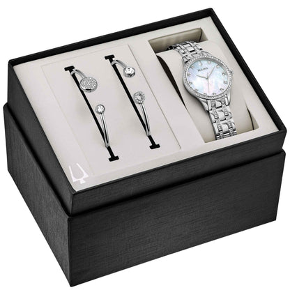 Bulova Ladies' Crystal Stainless Steel Watch Set with Mother-of-Pearl Dial and Set of 2 Bangle Bracelets front view