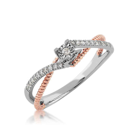 1/8 ct. tw. Diamond Promise Ring with Crossover Diamond and Rope Band in 10K White and Pink Gold front view