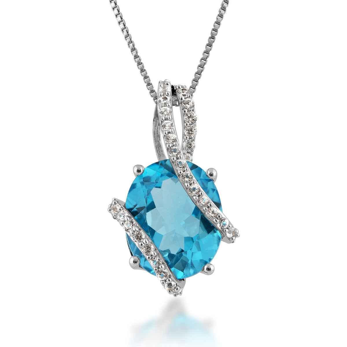 Oval Swiss Blue Topaz and Created White Sapphire Pendant in Sterling Silver