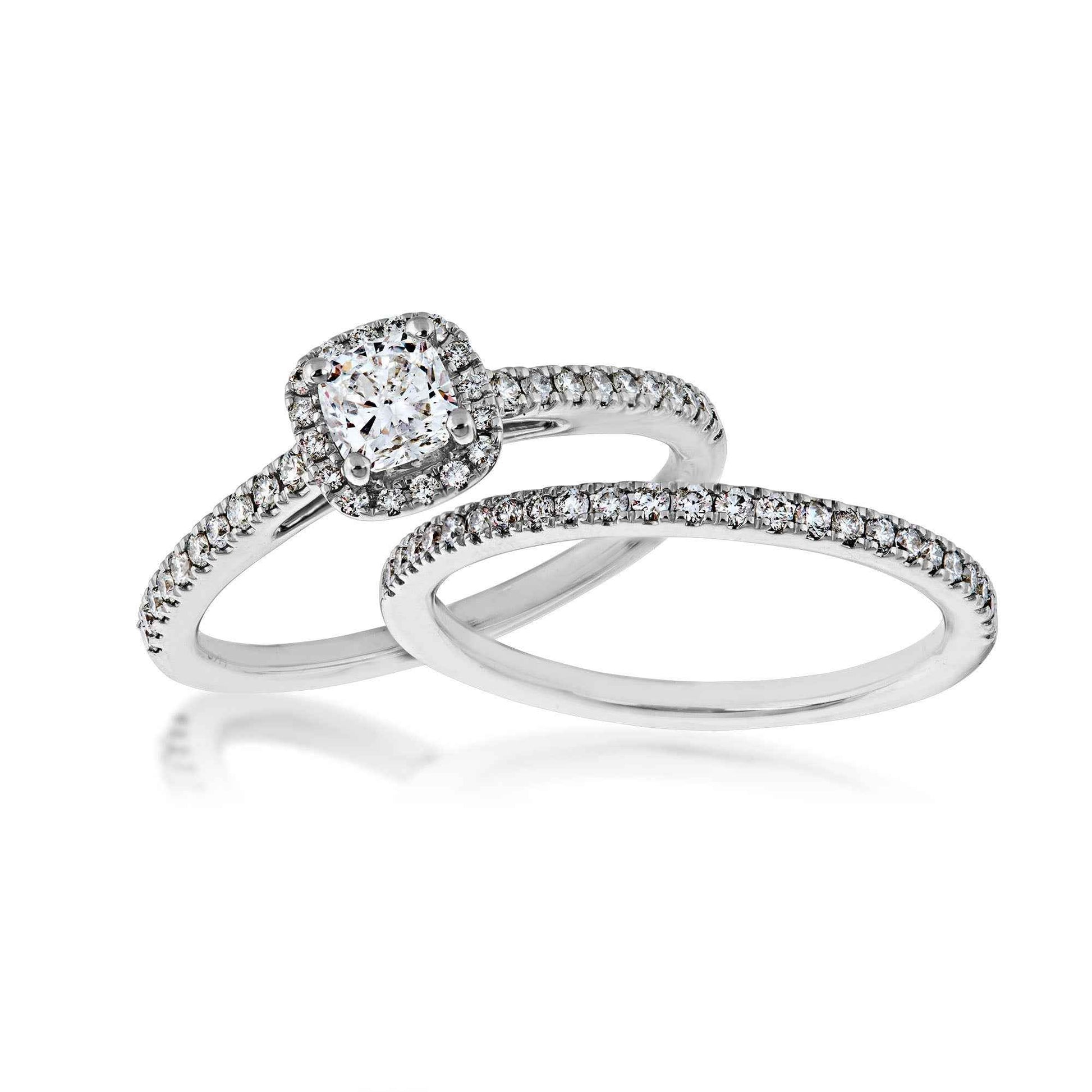 Natural 7/8 ct. tw. Cushion Diamond Halo Wedding Set in 14K White Gold front view