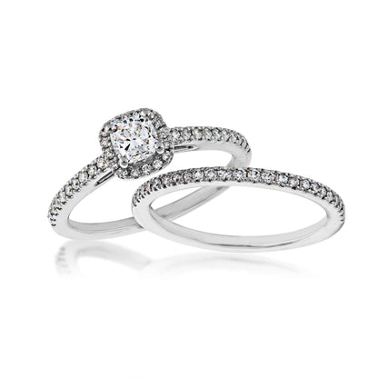 Natural 7/8 ct. tw. Cushion Diamond Halo Wedding Set in 14K White Gold front view