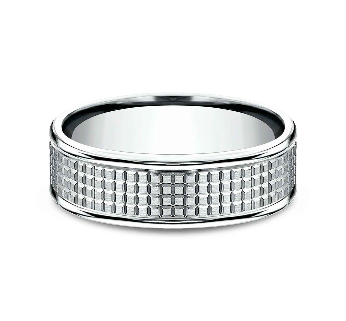 Benchmark Men's 7.0mm Crosshatch Designed Wedding Band in 10K White Gold