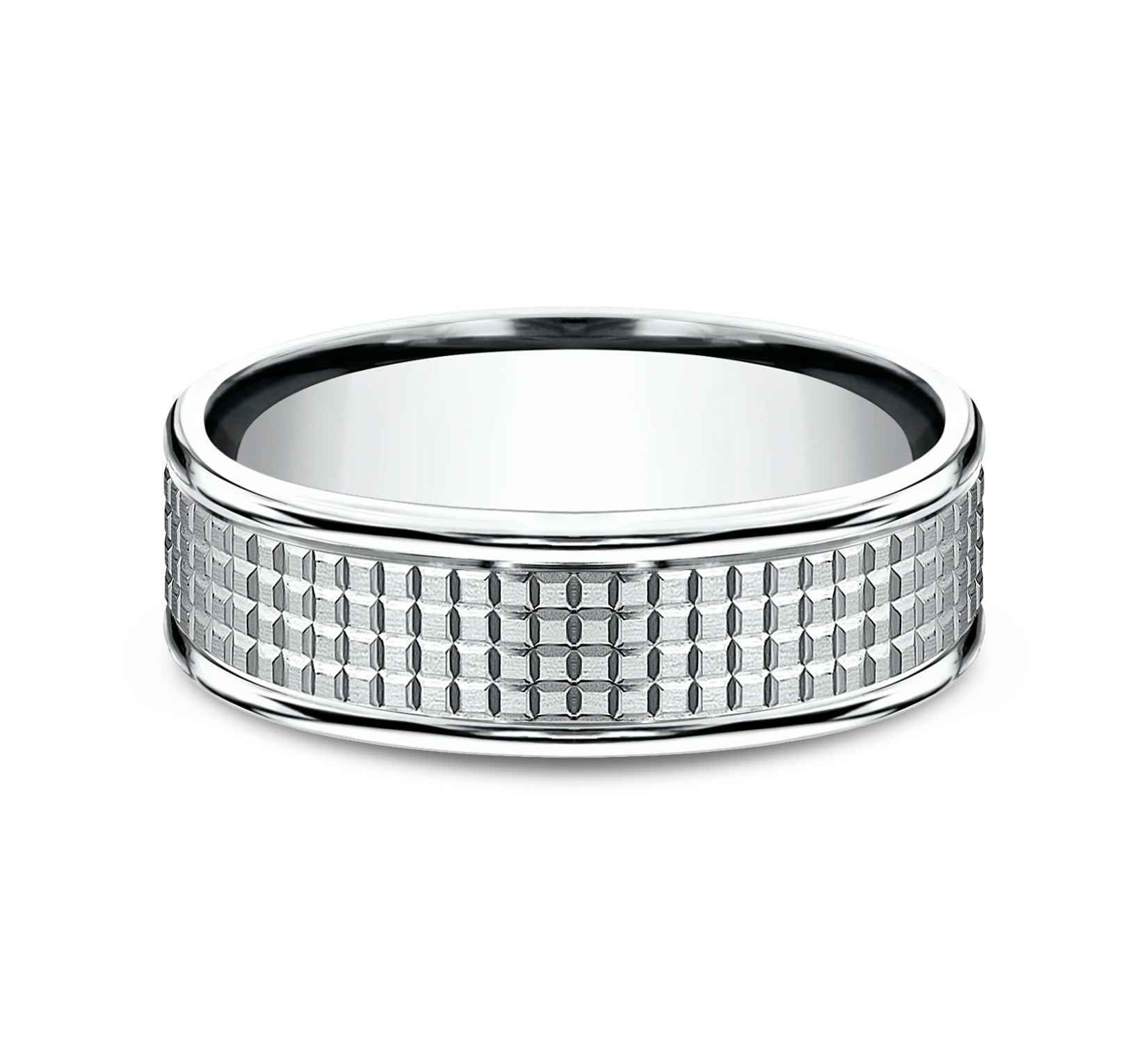 Benchmark Men's 7.0mm Crosshatch Designed Wedding Band in 10K White Gold