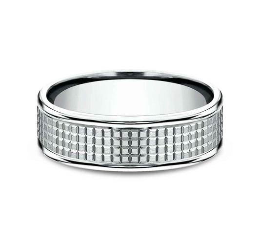 Benchmark Men's 7.0mm Crosshatch Designed Wedding Band in 10K White Gold