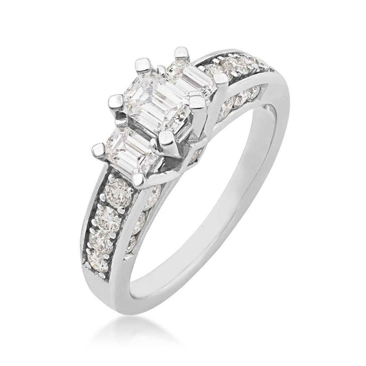 Timeless Collection 1-1/2ct. tw. Emerald Cut Diamond 3-Stone Engagement Ring with Prong-Set Diamond Sides in 14K front view