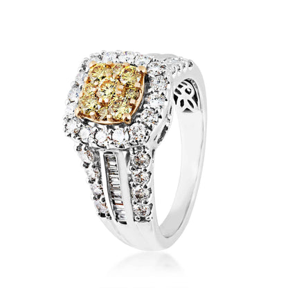 Love In Color 1-1/2 ct. tw. Natural Yellow & White Diamond Cluster Engagement Ring with Straight Baguette Accented front view