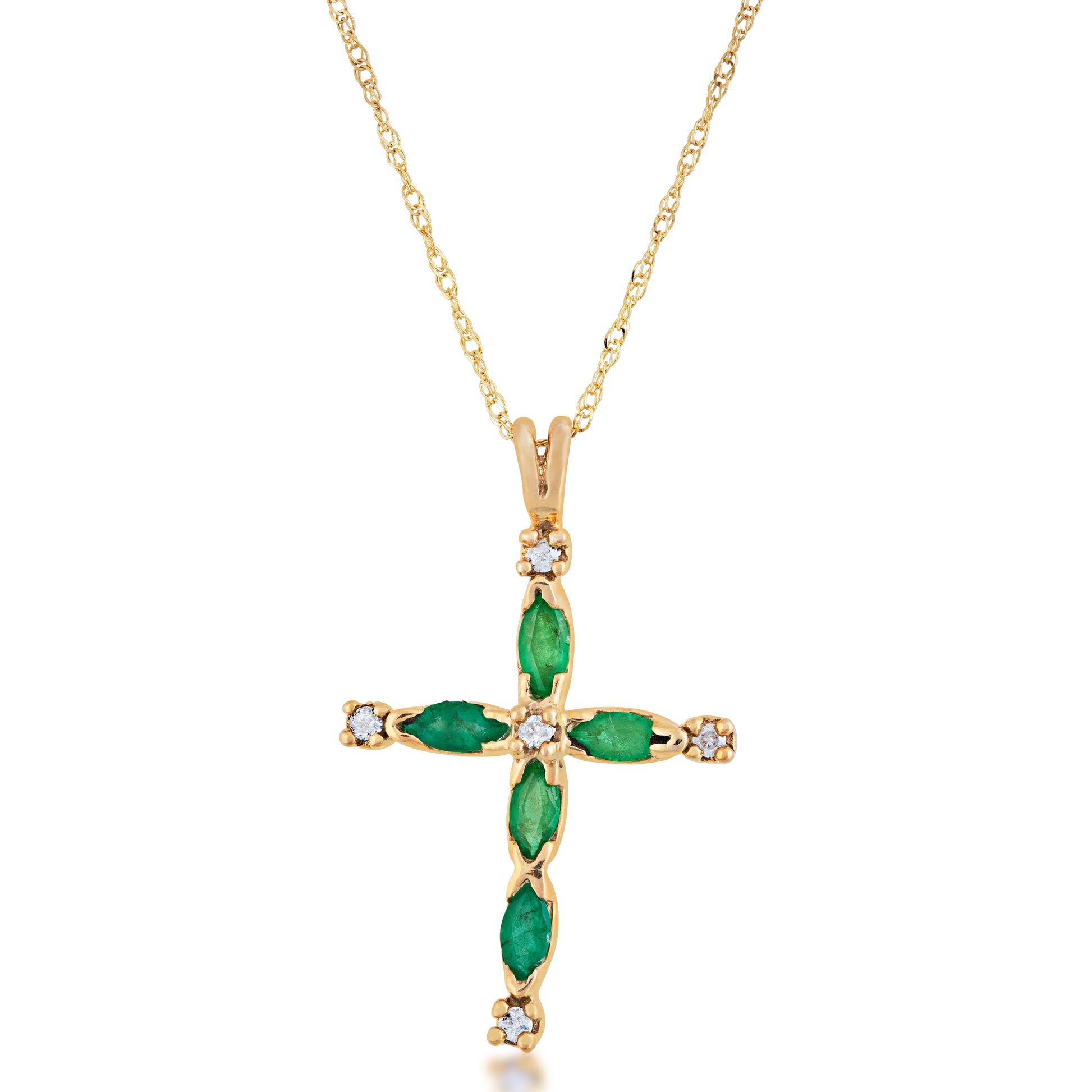 Genuine Marquise Emerald & .05 ct. tw. Diamond Cross Pendant in 10K Yellow Gold