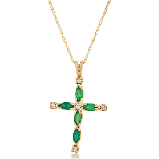 Genuine Marquise Emerald & .05 ct. tw. Diamond Cross Pendant in 10K Yellow Gold