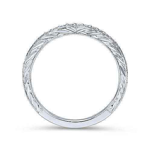 Gabriel & Co. .10 ct. tw. Vintage Style Wedding Band with Side Carving and Milgrain Detailing in 14K White Gold front view