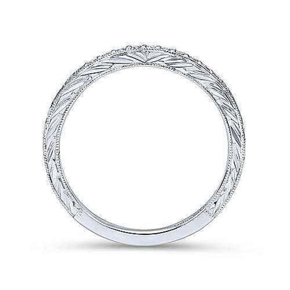 Gabriel & Co. .10 ct. tw. Vintage Style Wedding Band with Side Carving and Milgrain Detailing in 14K White Gold front view