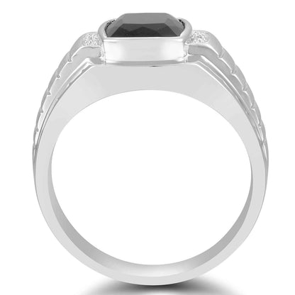 Men's Genuine Cushion Cut Onyx Ring with .01 ct. tw. Diamond Accents in Sterling Silver front view