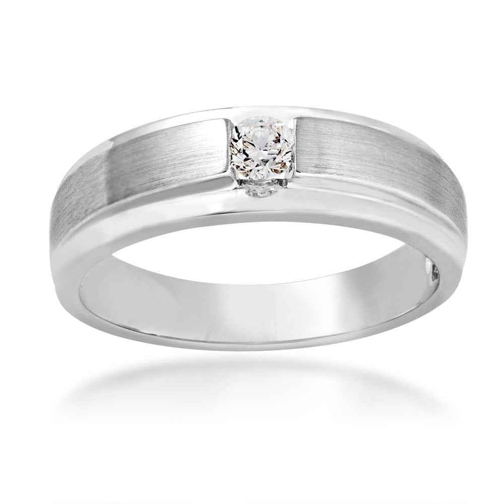Canadian Rocks Men's 1/5 ct. tw. Round Brilliant Diamond Solitaire Wedding Band with Brushed Center in 10K White Gold