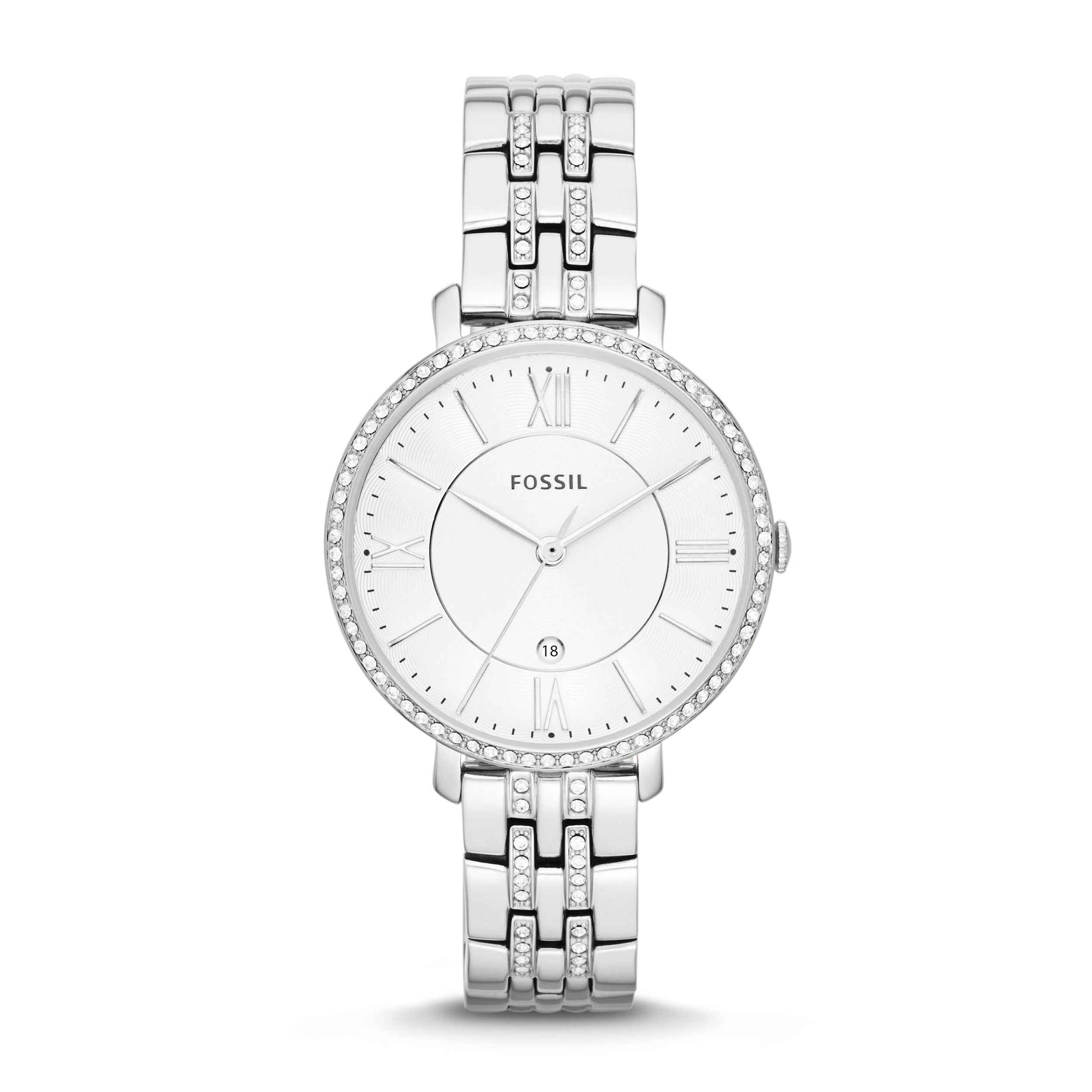 Fossil Ladies' Jacqueline Stainless Steel Analog Watch with Crystal Bezel and White Dial