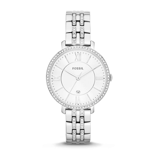 Fossil Ladies' Jacqueline Stainless Steel Analog Watch with Crystal Bezel and White Dial