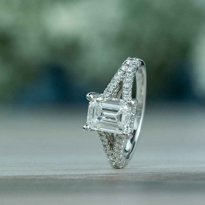 Adamante 2-3/4 ct. tw. Lab-Grown Emerald Cut Diamond Split Shank Engagement Ring in 14K White Gold close-up detail