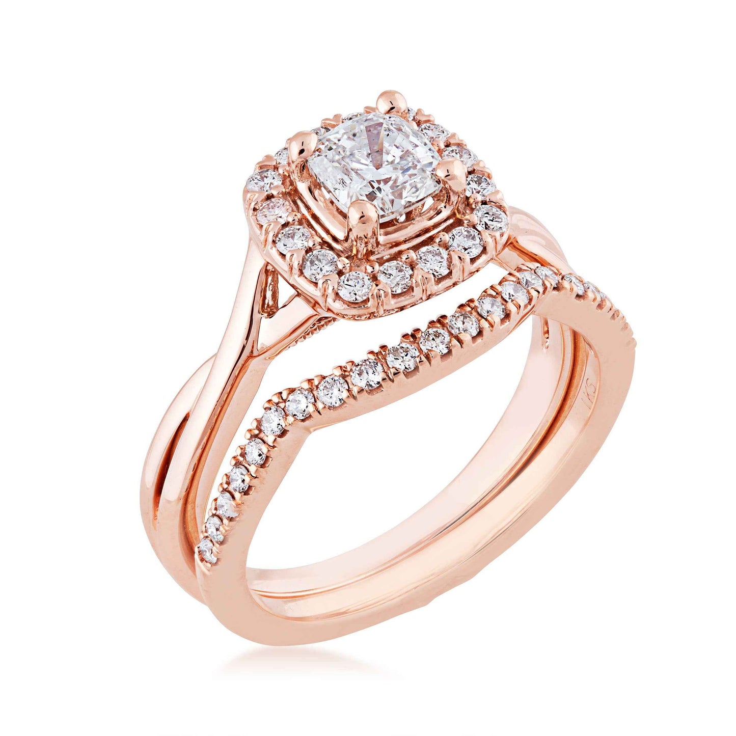 Noventa 1-1/5 ct. tw. Cushion Cut Diamond Center Wedding Set with Round Brilliant Halo & Band in 14K Pink close-up detail