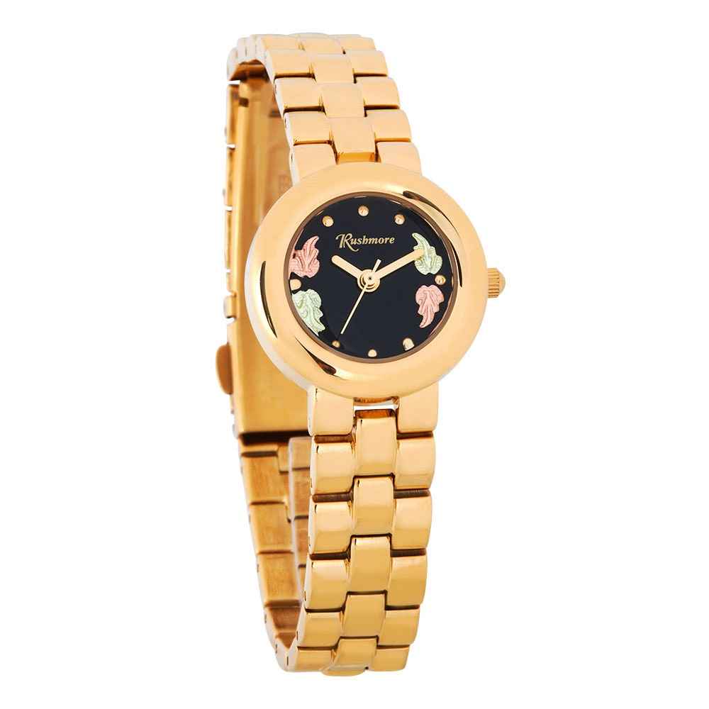 Rushmore Ladies' Black Hills Gold Yellow Stainless Steel Watch with Black Dial and Link Band