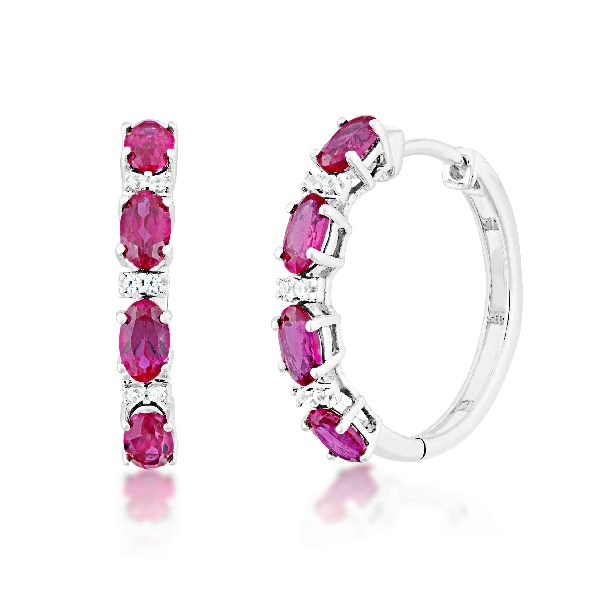 Created Oval Ruby & White Sapphire Fashion Hoop Earrings in Sterling Silver