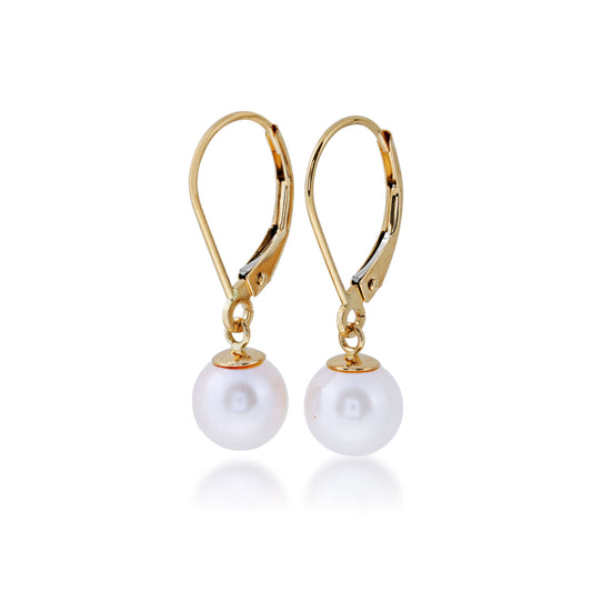 Ladies' 7mm Lever Back Dangle Pearl Earrings in 14K Yellow Gold