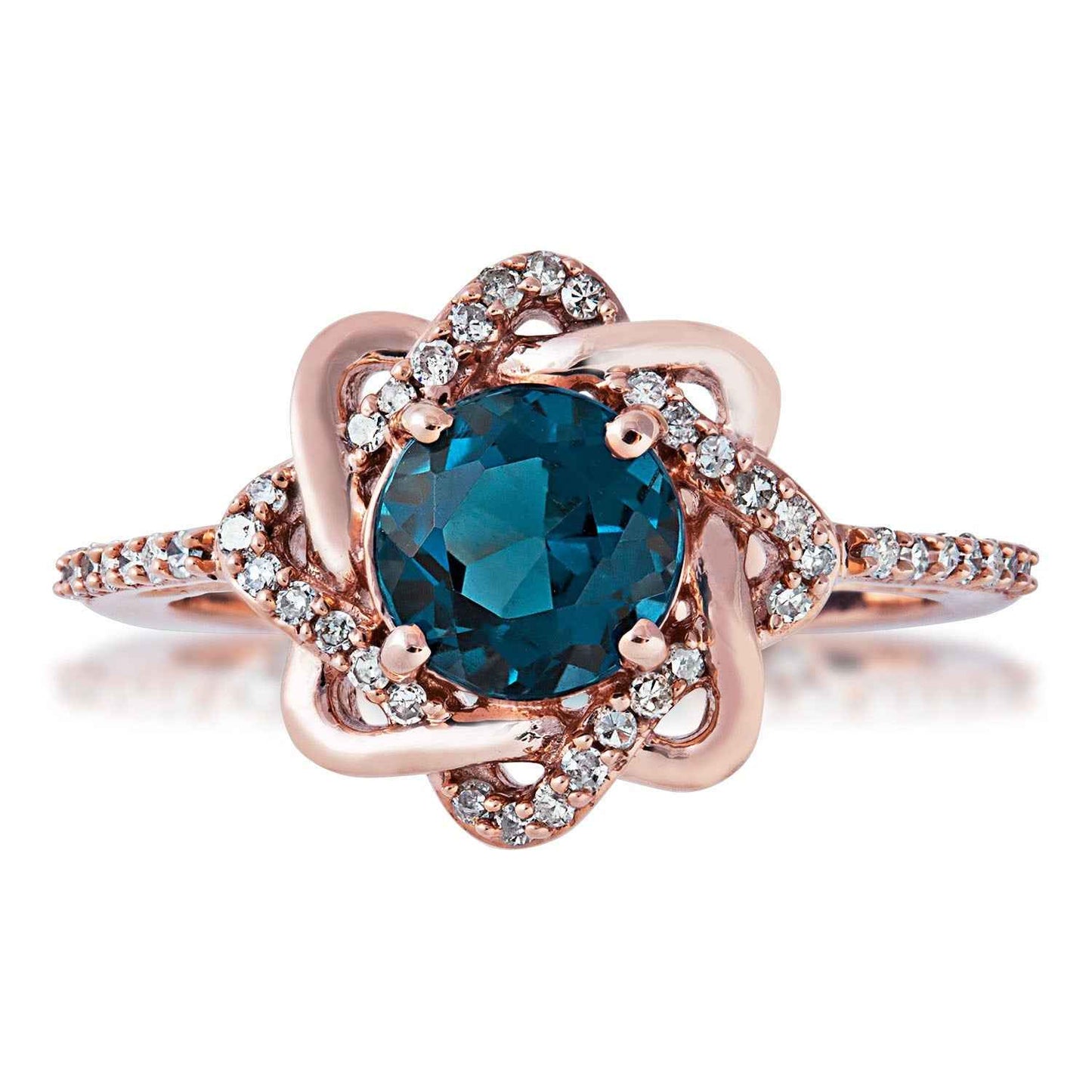 Impulse Collection 1/5 ct. tw. Diamond Twist Halo & Genuine London Blue Topaz Ring in 10K Pink Gold front view