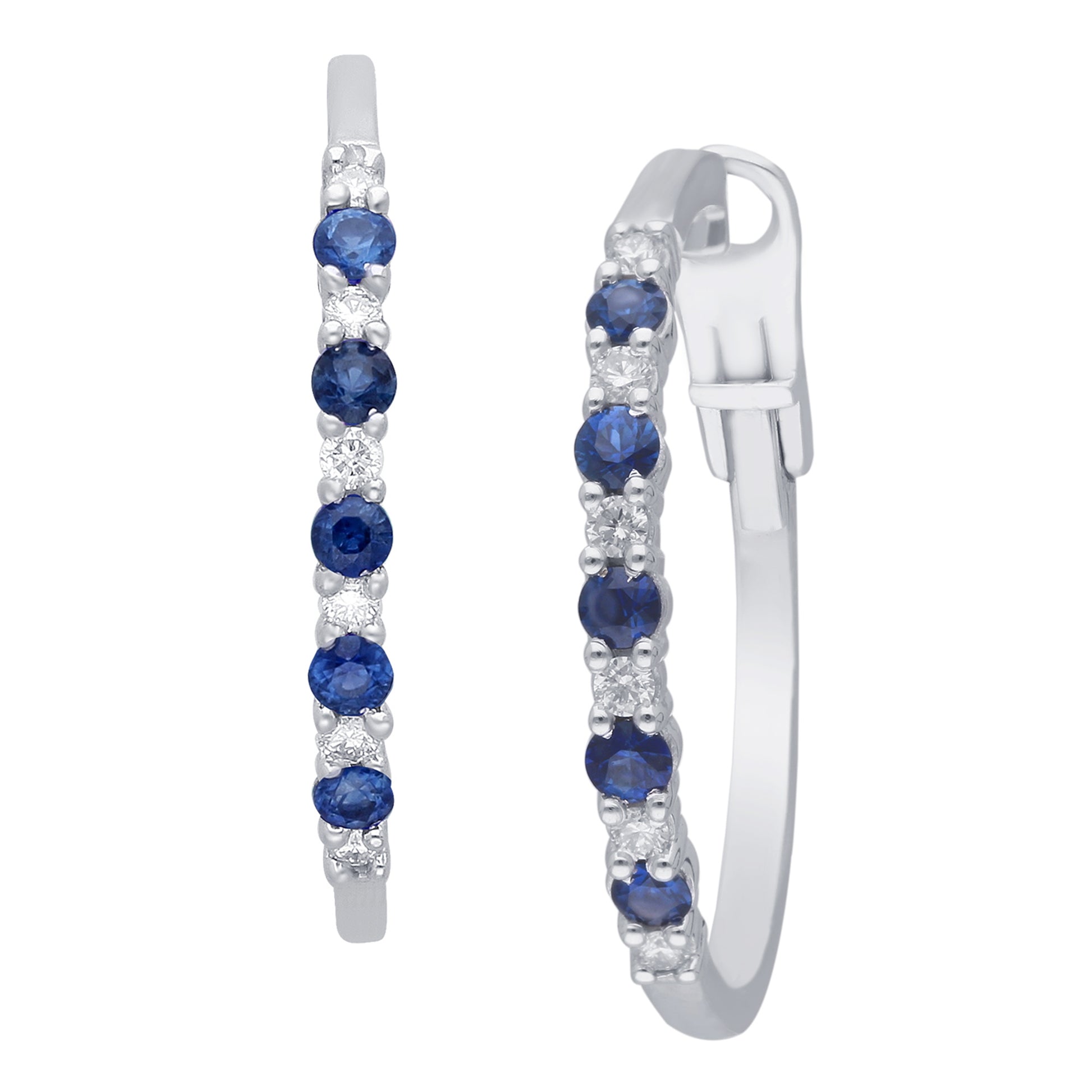 Kallati Round Sapphire & 1/4 ct. tw. Diamond Hoop Earrings in 14K White Gold front view