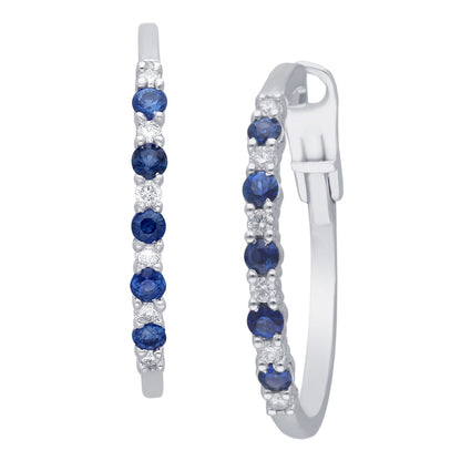 Kallati Round Sapphire & 1/4 ct. tw. Diamond Hoop Earrings in 14K White Gold front view