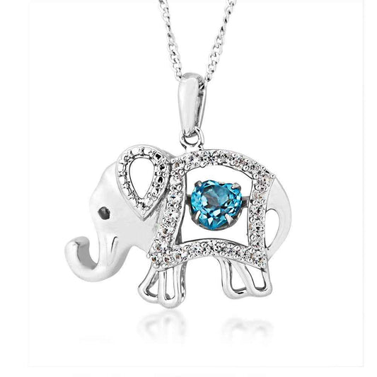 Genuine Twinkling Round Blue Topaz & Created White Sapphire Elephant Pendant in Sterling Silver